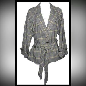 Vintage Kasper Women’s Plaid Pea Coat 16 Gray Yellow Green Belted Long Sleeves